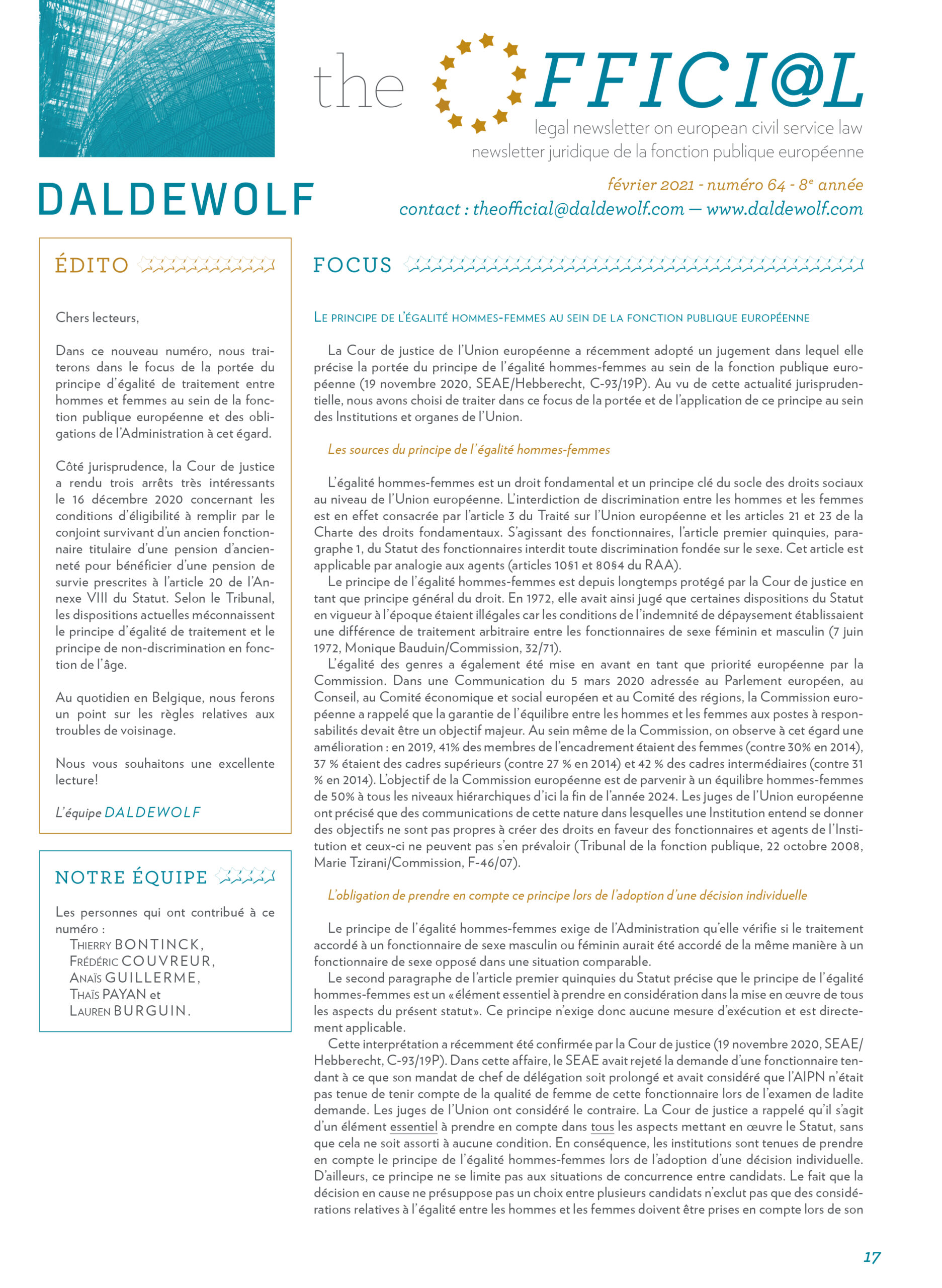 the OFFICI@L - newsletter - DALDEWOLF pour Renouveau & Démocratie - #64 - février 2021 - Hugues de Castillo